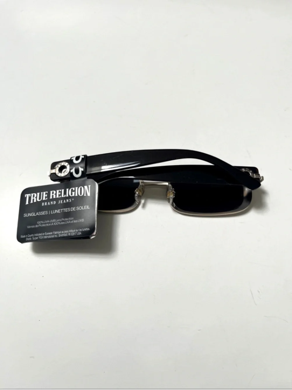 New TRUE RELIGION Slim Matte Gold Sunglasses Rectangle Logo Black Acetate